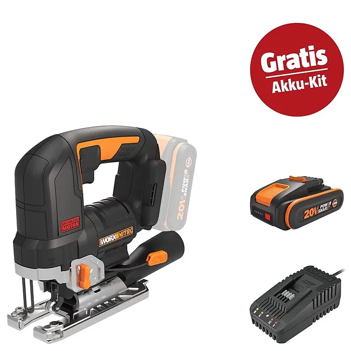 Worx PowerShare 20V Maschinenpaket - WX542.9 Akku-Stichsäge, 20V, 2,0 Ah Akku & 20V 2A Schnellladegerät - Schwarze Worx Nitro Stichsäge mit orangefarbenen Akzenten, 20V Akku und Ladegerät, inkl. 'Gratis Akku-Kit'.