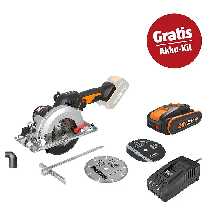 Worx PowerShare 20V Maschinenpaket - Akku-Handkreissäge WX531.9, 20V, 2,0 Ah Akku & 20V 2A Schnellladegerät - Ein Akku-Kreissägen-Kit mit Akku, Ladegerät, drei Sägeblättern für Holz, Fliesen und Metall sowie Zubehör.