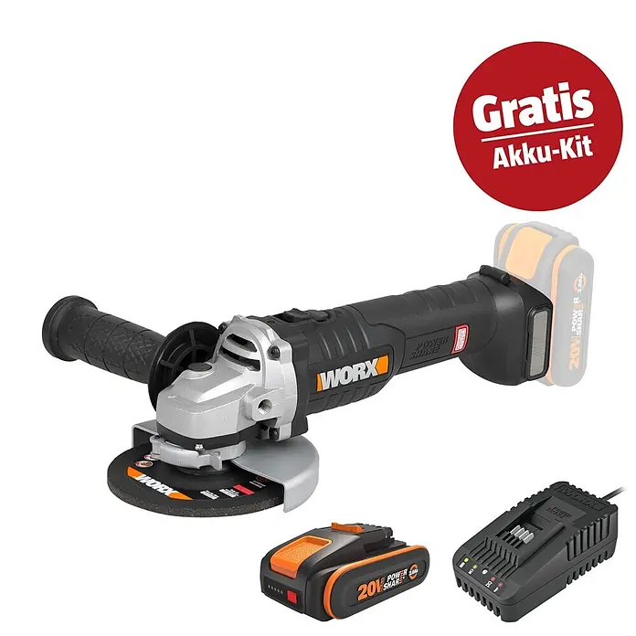 Worx PowerShare 20V Maschinenpaket - WX812.9 Akku-Winkelschleifer, 20V, 2,0 Ah Akku & 20V 2A Schnellladegerät - WORX Winkelschleifer (schwarz/silber) mit Akku, dazu ein zusätzlicher Akku und Ladegerät als Gratis-Kit.