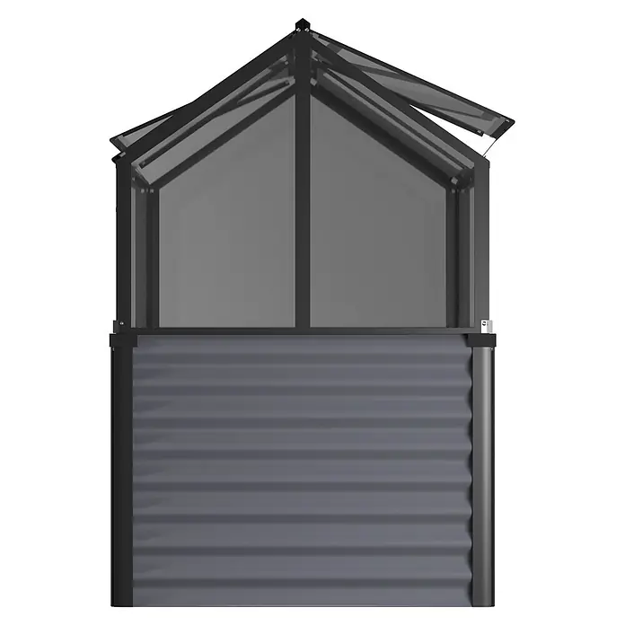 Vitavia Hochbeet Zola - 126,7 x 89 x 134,5 cm, Sicherheitsglas, Schwarz - Dunkelgraues Hochbeet mit durchsichtigem Mini-Gewächshausaufsatz, eine Scheibe offen.
