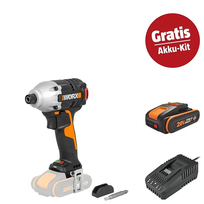 Worx PowerShare 20V Maschinenpaket - WX261.9 Akku-Schlagschrauber, 20V, 2,0 Ah Akku & 20V 2A Schnellladegerät - WORX 20V 2.0Ah Akku-Schlagschrauber-Set mit zwei Akkus (Gratis Akku-Kit enthalten), Ladegerät und Bit in Schwarz, Orange, Silber.