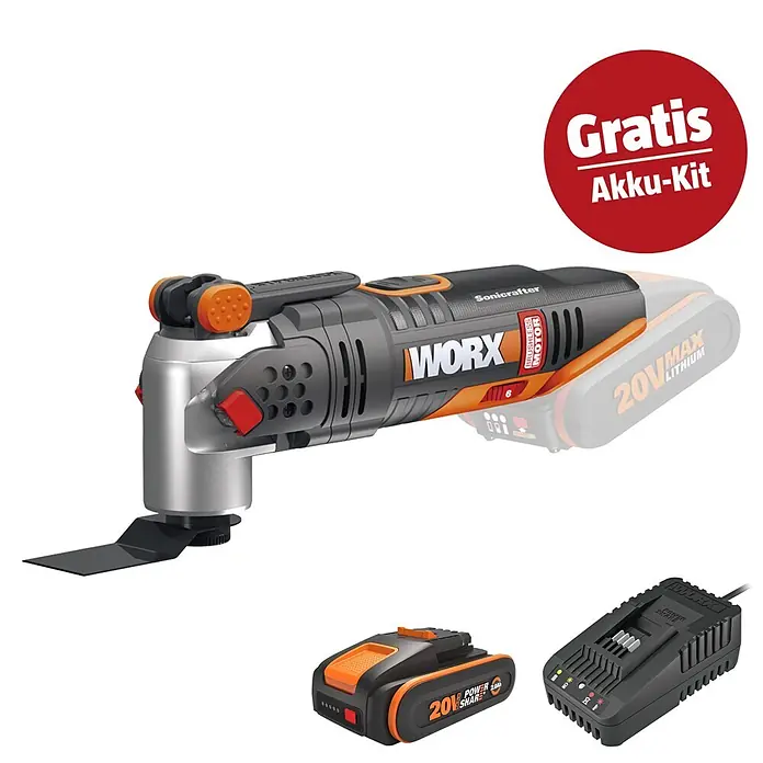 Worx PowerShare 20V Maschinenpaket - Akku-Multifunktionswerkzeug WX693.9, 20V, 2,0 Ah Akku & 20V 2A Schnellladegerät - Kabelloses WORX Sonicrafter Oszillationswerkzeug in Grau, Schwarz, Orange, mit 20V Akku und Ladegerät.