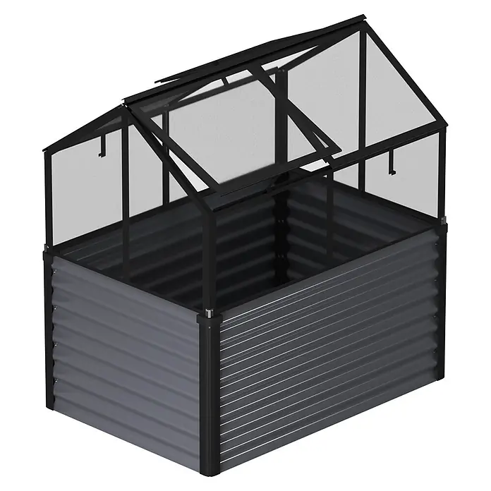 Vitavia Hochbeet Zola - 126,7 x 89 x 134,5 cm, Sicherheitsglas, Schwarz - Dunkelgraues Hochbeet aus Wellblech mit schwarzem, klarem Gewächshausaufsatz und aufklappbaren Paneelen.