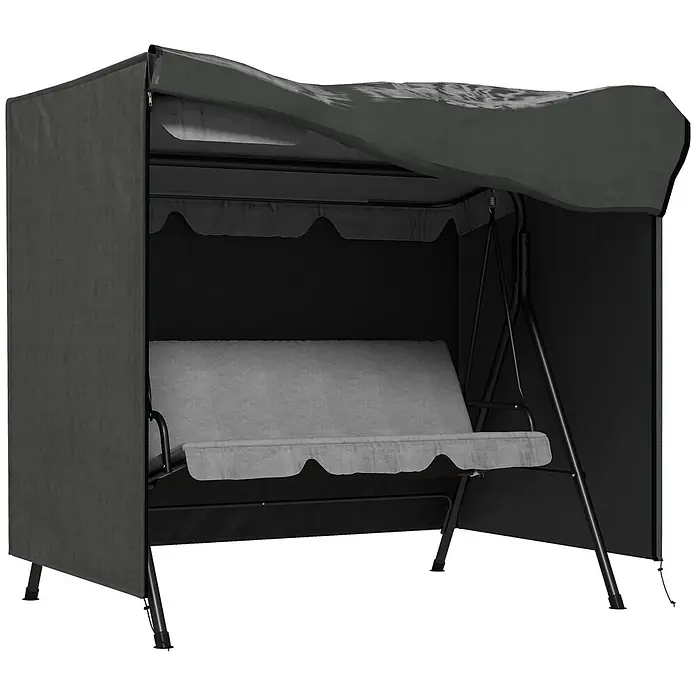 Outsunny Hollywoodschaukel-Schutzhülle - 420D Oxford Gewebe, 540 g/m², Dunkelgrau - Dunkelgraue Gartenschaukel mit hellgrauen Kissen, Sonnendach und Wetterschutz-Seitenwänden.