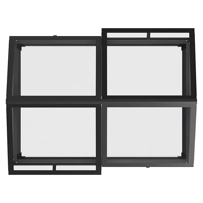 Vitavia Hochbeet Zola - 126,7 x 89 x 134,5 cm, Sicherheitsglas, Schwarz - Vier dunkelgraue quadratische Fenster- oder Displayrahmen in einem Raster angeordnet.