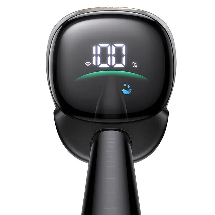 Mova Aspirador en seco y húmedo de batería X4 Pro - 450 W, Volumen de recipiente: 760 ml - Dispositivo inteligente negro brillante con pantalla digital que muestra "100%", Wi-Fi e indicador de nivel de agua. Probablemente un humidificador o difusor.