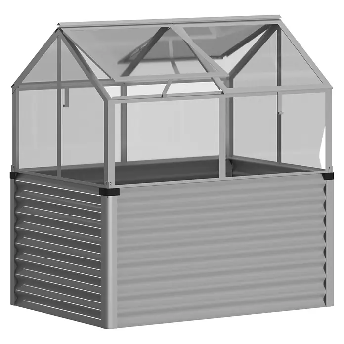 Vitavia Hochbeet Zola - 126,7 x 89 x 134,5 cm, Sicherheitsglas, Silber - Graues Hochbeet aus Wellblech mit transparentem Frühbeetaufsatz.