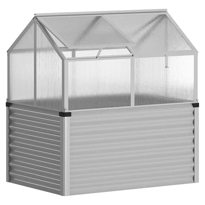 Vitavia Hochbeet Zola - 126,7 x 89 x 134,5 cm, Polycarbonat, Silber - Helles, gewelltes Hochbeet aus Metall mit durchsichtigem Polycarbonat-Mini-Gewächshausaufsatz und aufklappbarem Deckel.