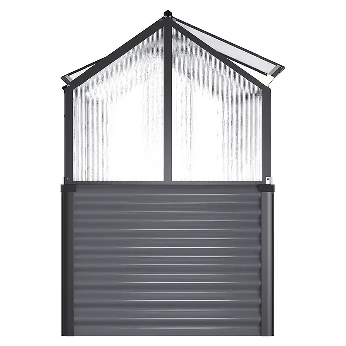 Vitavia Hochbeet Zola - 126,7 x 89 x 134,5 cm, Polycarbonat, Schwarz/ Granit - Dunkelgraues Metallgewächshaus mit Wellblechsockel und transparentem Satteldach, ein Dachfenster leicht geöffnet.