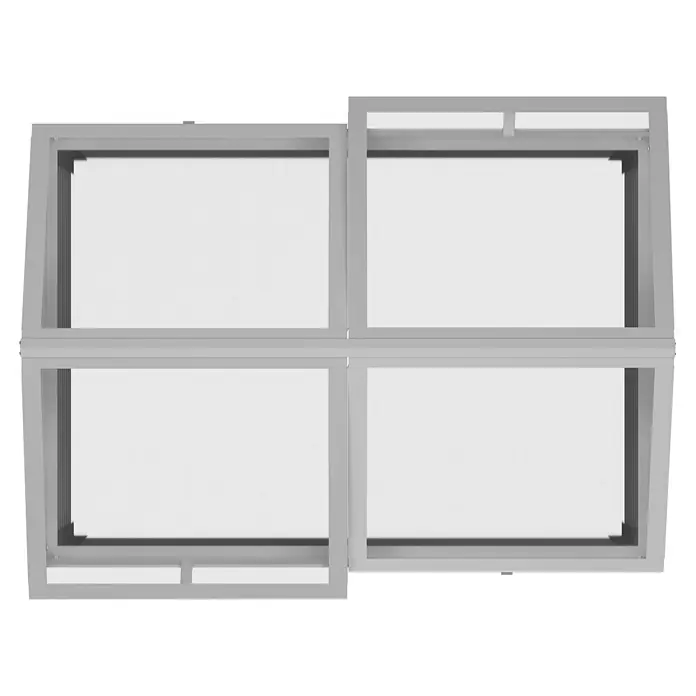 Vitavia Hochbeet Zola - 126,7 x 89 x 134,5 cm, Sicherheitsglas, Silber - Graue vierteilige Fensterrahmen, zwei Schiebeflügel leicht geöffnet.