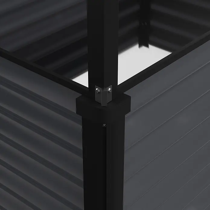 Vitavia Hochbeet Zola - 126,7 x 89 x 134,5 cm, Sicherheitsglas, Schwarz - Schwarzes Metalleckgelenk mit Innensechskantschrauben, dunkelgrauen Wellblechdachplatten und einem Gitter im Dachfenster.