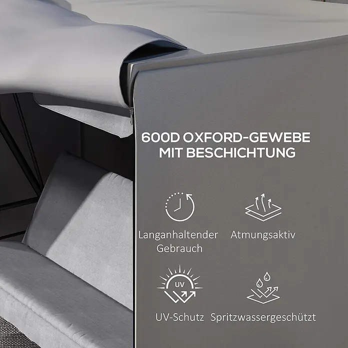 Outsunny Hollywoodschaukel-Schutzhülle - Oxfordstoff 600D, 540 g/m², Hellgrau - Nahaufnahme von grauem 600D Oxford-Gewebe mit Beschichtung, das Langlebigkeit, Atmungsaktivität, UV-Schutz und Spritzwasserschutz hervorhebt.