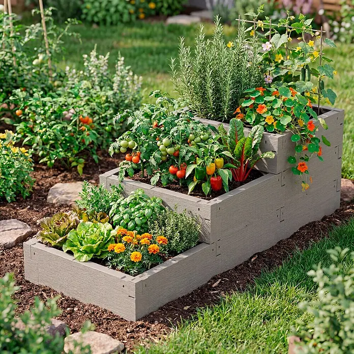 Juwel Hochbeet Timber Pflanztreppe - 190 x 60 x 60 cm, Kunststoff, Nordic Wood - Gestuftes, graues Hochbeet aus Verbundmaterial, gefüllt mit Gemüse, Kräutern und Blumen im Garten.