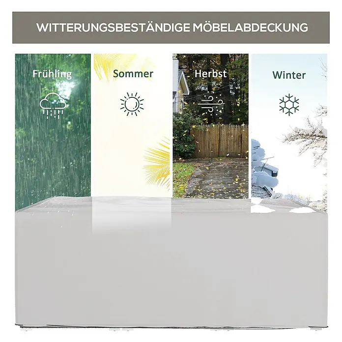 Outsunny Loungemöbel Schutzhülle - L x B x H: 210 x 140 x 80 cm, Oxfordstoff, Grau - Graue wetterbeständige Möbelabdeckung, die Schutz vor Frühlingsregen, Sommersonne, Herbstwind und Winterschnee demonstriert.