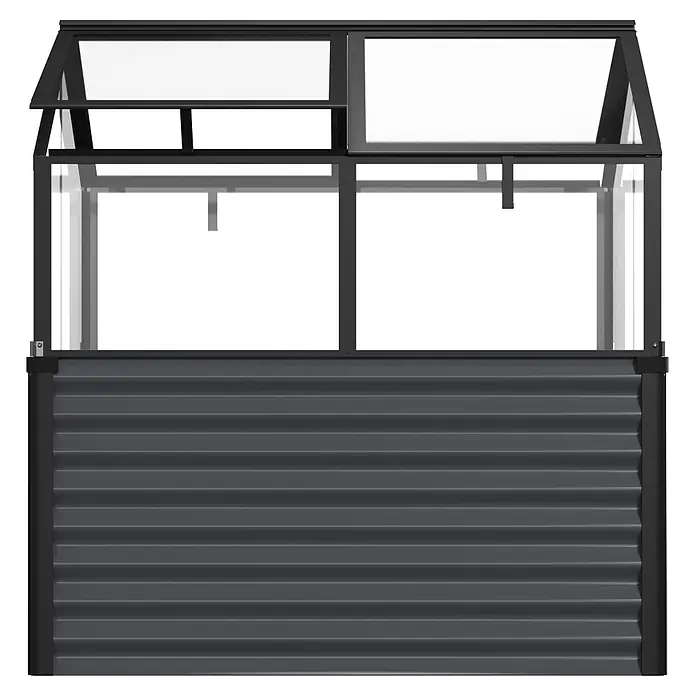 Vitavia Hochbeet Zola - 126,7 x 89 x 134,5 cm, Sicherheitsglas, Schwarz - Dunkelgraues Hochbeet aus Metall mit durchsichtigem Frühbeetaufsatz, ein Deckel offen.