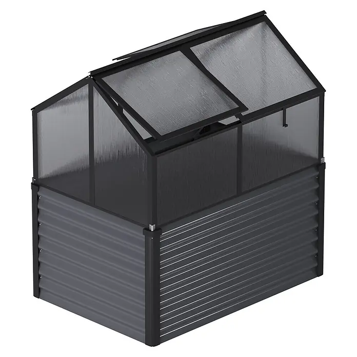 Vitavia Hochbeet Zola - 126,7 x 89 x 134,5 cm, Polycarbonat, Schwarz/ Granit - Dunkelgraues Gewächshaus mit Hochbeet, transparenten Wellplatten und zwei aufklappbaren Dachluken.