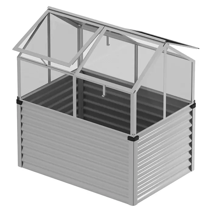 Vitavia Hochbeet Zola - 126,7 x 89 x 134,5 cm, Sicherheitsglas, Silber - Graues Hochbeet aus Wellblech mit aufklappbarem Gitteraufsatz zum Schutz der Pflanzen.