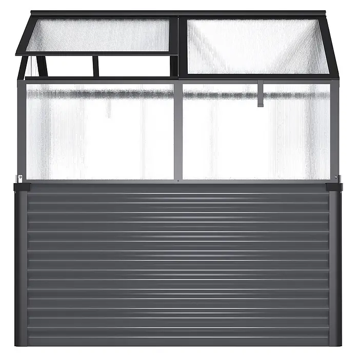 Vitavia Hochbeet Zola - 126,7 x 89 x 134,5 cm, Polycarbonat, Schwarz/ Granit - Erhöhtes dunkelgraues Gewächshaus mit transparenten Wellplatten, ein Dachpaneel ist geöffnet.