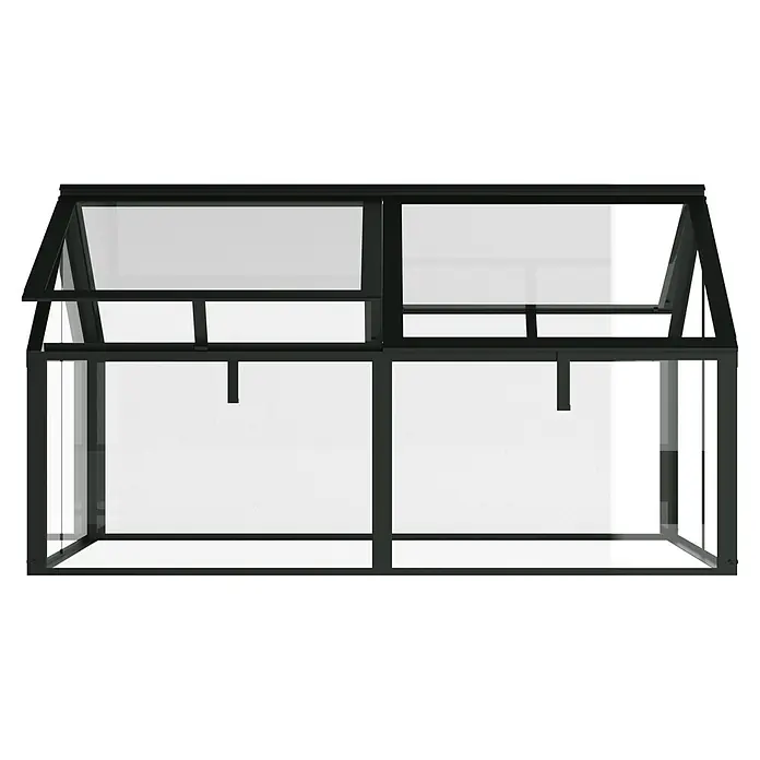Vitavia Frühbeet Zola - 124,3 x 89 x 71,3 cm, Schwarz, Sicherheitsglas - Schwarzes Mini-Gewächshaus mit transparenten Paneelen und zwei geöffneten Klappdeckeln zur Belüftung.