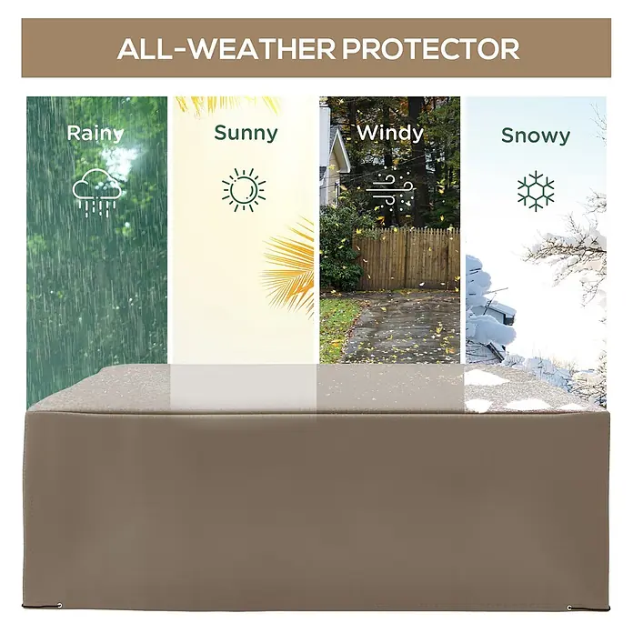 Outsunny Loungemöbel-Schutzhülle - Oxfordstoff, Beige - Beige Allwetter-Schutzhülle, dargestellt mit Tafeln, die Schutz vor Regen, Sonne, Wind und Schnee illustrieren.