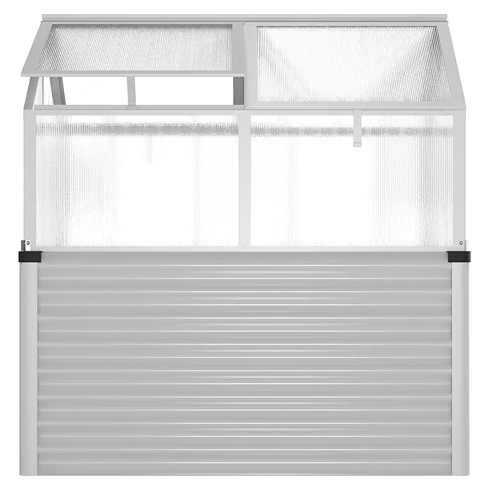 Vitavia Hochbeet Zola - 126,7 x 89 x 134,5 cm, Polycarbonat, Silber - Kompakter grauer Metall-Frühbeetkasten mit klarer, gewellter Kunststoffabdeckung. Ein Deckel ist leicht geöffnet.