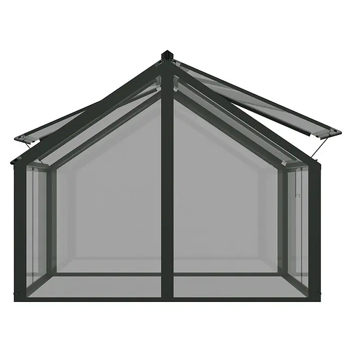 Vitavia Frühbeet Zola - 124,3 x 89 x 71,3 cm, Schwarz, Sicherheitsglas - Dunkelgraues Metall-Gewächshaus mit transparenten Scheiben und geöffnetem Dachfenster.