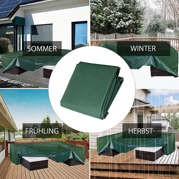 Outsunny Loungemöbel-Schutzhülle - 600D Oxford-Material mit PE-Beschichtung, Grün - Grüne wetterfeste Abdeckung für Gartenmöbel, die den Schutz von Tischen und Stühlen in Sommer, Winter, Frühling und Herbst zeigt.