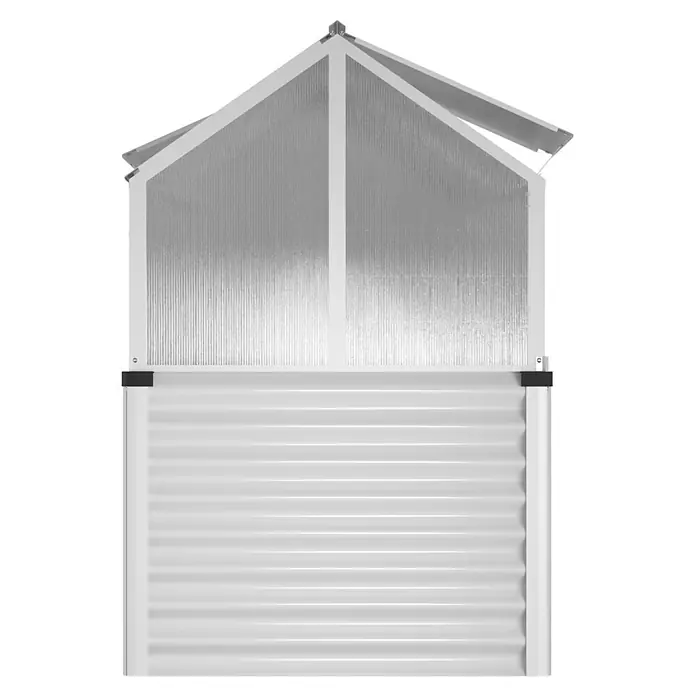 Vitavia Hochbeet Zola - 126,7 x 89 x 134,5 cm, Polycarbonat, Silber - Vorderansicht eines kleinen Gewächshauses mit transparenten Wellplatten oben, einem weißen gerippten Unterteil und einer oberen Lüftung.