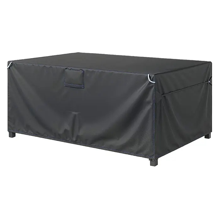 Outsunny Loungemöbel-Schutzhülle - 420D Oxford-Gewebe, Schwarz - Dunkelgraue rechteckige Outdoor-Möbelabdeckung mit blauer Naht und Eckschlaufen, die kleine Füße darunter zeigt.