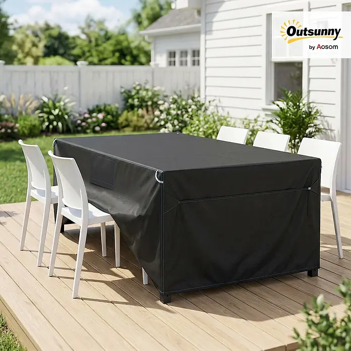 Outsunny Loungemöbel-Schutzhülle - 420D Oxford-Gewebe, Schwarz - Schwarze rechteckige Terrassenmöbelabdeckung über einem Tisch und Stühlen auf einer Holzterrasse.