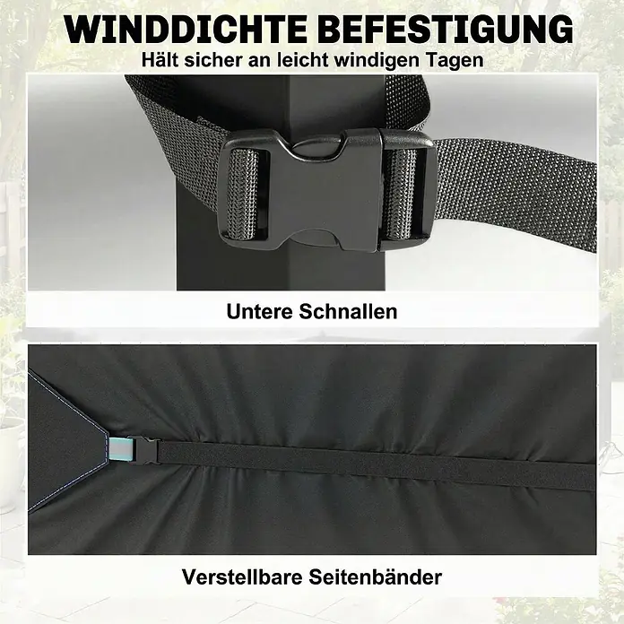 Outsunny Loungemöbel-Schutzhülle - 420D Oxford-Gewebe, Schwarz - Winddichte Befestigung mit schwarzer Schnalle am Gurt und verstellbaren Seitenbändern mit blauer Schnalle an schwarzem Bezug.