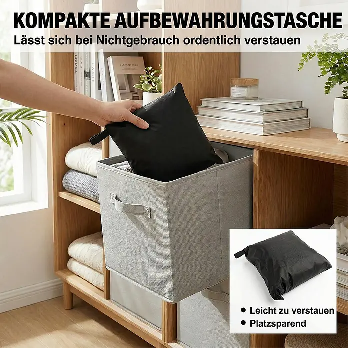 Outsunny Loungemöbel-Schutzhülle - 420D Oxford-Gewebe, Schwarz - Kompakte schwarze Aufbewahrungstasche wird in eine Stoffbox auf einem Regal gelegt. Leicht zu verstauen, platzsparend.