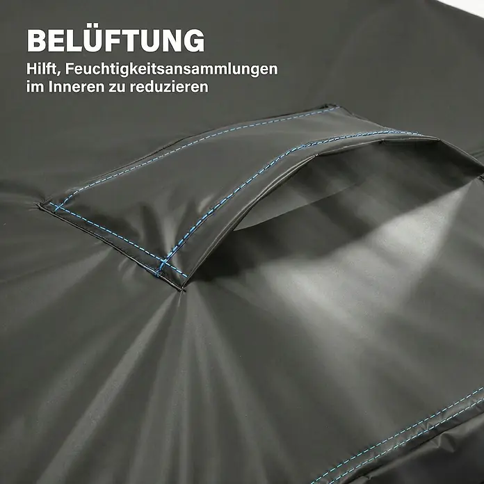 Outsunny Loungemöbel-Schutzhülle - 420D Oxford-Gewebe, Schwarz - Dunkelgraue Schutzhülle mit blauer Naht und Belüftungsklappe, die Feuchtigkeitsansammlungen reduziert.