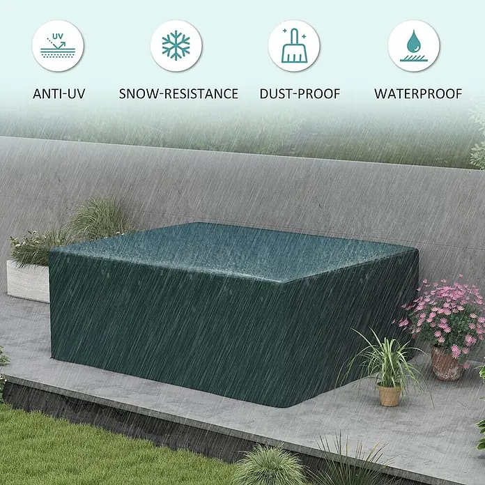 Outsunny Loungemöbel Schutzhülle - Polyethylen, Dunkelgrün - Dunkelgrüne Outdoor-Möbelabdeckung schützt einen Terrassentisch, dargestellt bei Regen.