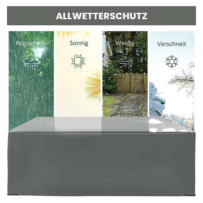 Outsunny-Gartenmöbel Abdeckung-Dunkelgrau-275L x 205B x 90H cm -  - Graue Outdoor-Möbelabdeckung, die Allwetterschutz vor Regen, Sonne, Wind und Schnee demonstriert.