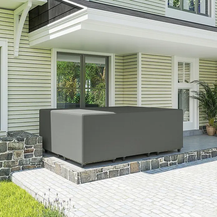 Outsunny-Gartenmöbel Abdeckung-Dunkelgrau-275L x 205B x 90H cm -  - Große, rechteckige graue Outdoor-Möbelabdeckung auf einer Terrasse.