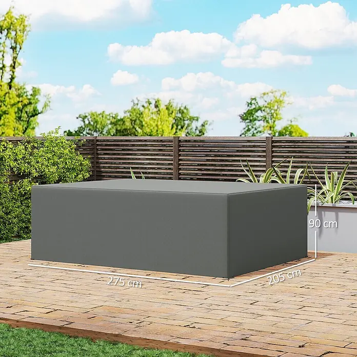 Outsunny-Gartenmöbel Abdeckung-Dunkelgrau-275L x 205B x 90H cm -  - Dunkelgraue Wetterschutzhülle für Gartenmöbel, 275x205x90 cm, auf einer Terrasse.