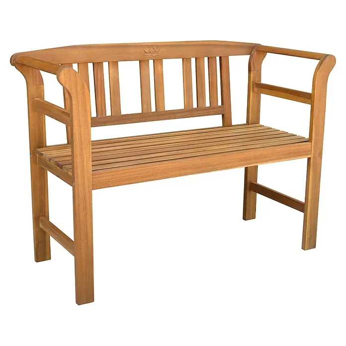 Prestige Home Living Outdoor Gartenbank Rose - B x T x H: 163 x 63 x 91 cm, Akazie, Braun - Hellbraune Gartenbank aus Holz mit Lattenrost und geschnitztem Blumendetail an der Rückenlehne.