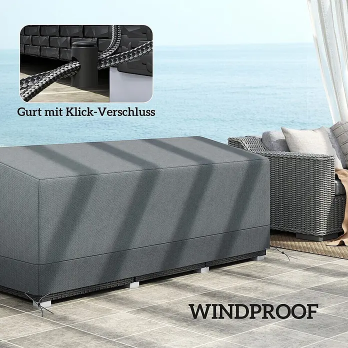 Outsunny Loungemöbel-Schutzhülle - Oxfordstoff, Hellgrau - Graue, winddichte Outdoor-Möbelabdeckung mit Klick-Verschluss, auf einer Terrasse mit Meerblick.