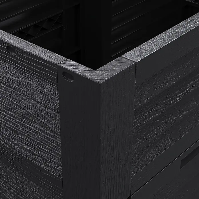 Hochbeet mit 3 Staufächern - 225 x 75 x 78 cm, Kunststoff - Dunkelgraues Hochbeet in Holzoptik, Ecke mit sichtbarer Innenstruktur.