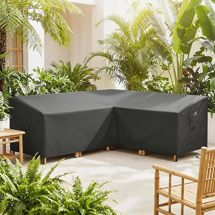 Outsunny Loungemöbel Schutzhülle - L x B x H: 216 x 216 x 78 cm, 420D Oxford-Gewebe, Schwarz - Dunkelgraue L-förmige Outdoor-Möbelabdeckung schützt ein Ecksofa.