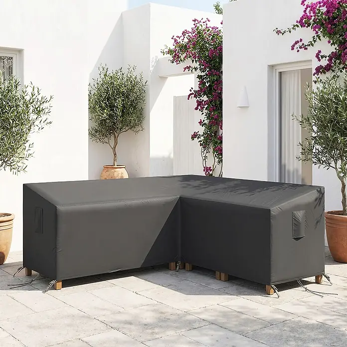 Outsunny Loungemöbel Schutzhülle - L x B x H: 216 x 216 x 78 cm, 420D Oxford-Gewebe, Schwarz - Dunkelgraue L-förmige Outdoor-Möbelabdeckung für Terrassensitzmöbel im Freien.