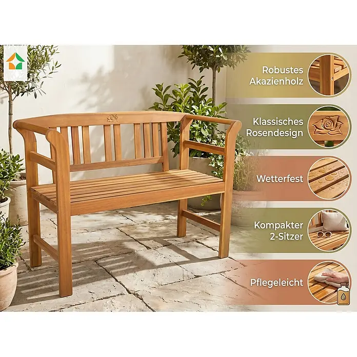 Prestige Home Living Outdoor Gartenbank Rose - B x T x H: 163 x 63 x 91 cm, Akazie, Braun - Akazienholz-Gartenbank mit klassischem Rosendesign auf der Rückenlehne, kompakt für zwei Personen.