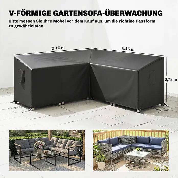 Outsunny Loungemöbel Schutzhülle - L x B x H: 216 x 216 x 78 cm, 420D Oxford-Gewebe, Schwarz - Schwarze V-förmige Gartensofa-Abdeckung, Maße 2,16m x 2,16m x 0,78m. Mit Zugbändern und Belüftungsklappe.