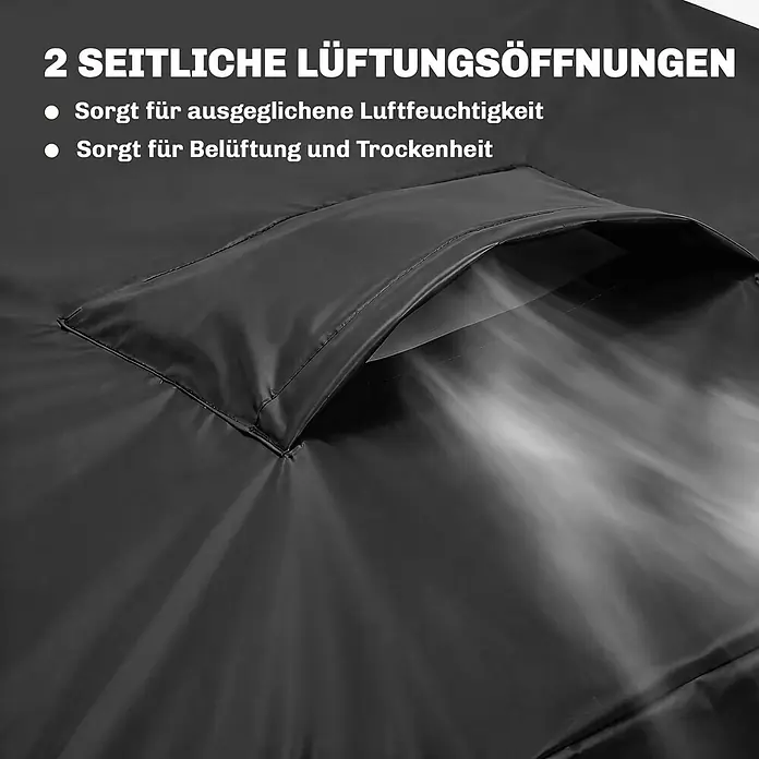 Outsunny Loungemöbel Schutzhülle - L x B x H: 216 x 216 x 78 cm, 420D Oxford-Gewebe, Schwarz - Nahaufnahme eines schwarzen Stoffs mit seitlicher Lüftungsöffnung für ausgeglichene Feuchtigkeit, Belüftung und Trockenheit.