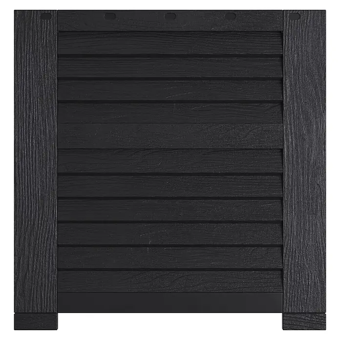 Hochbeet mit 3 Staufächern - 225 x 75 x 78 cm, Kunststoff - Dunkelgraue, texturierte Verbundplatte mit vertikalen Seitenelementen und horizontalen Lamellen.