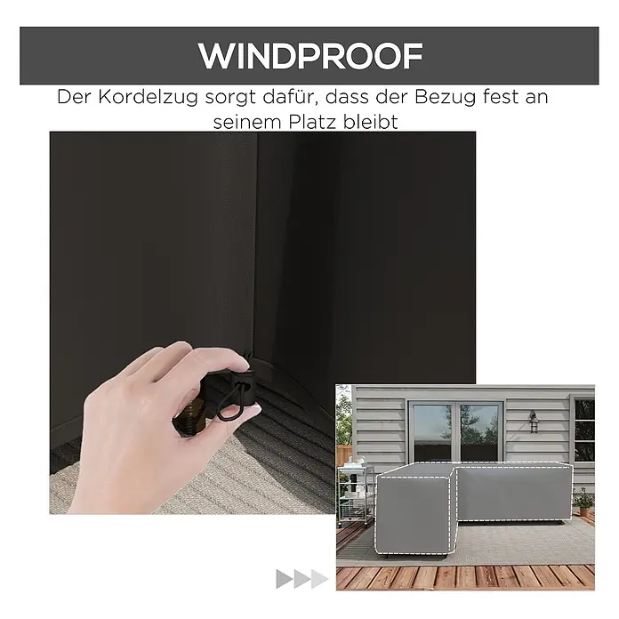 Outsunny Loungemöbel Schutzhülle - L x B x H: 250 x 250 x 79 cm, Oxfordstoff, Schwarz - Dunkelgraue Outdoor-Möbelabdeckung mit Kordelzug, der festgezogen wird, um Winddichtigkeit zu demonstrieren.
