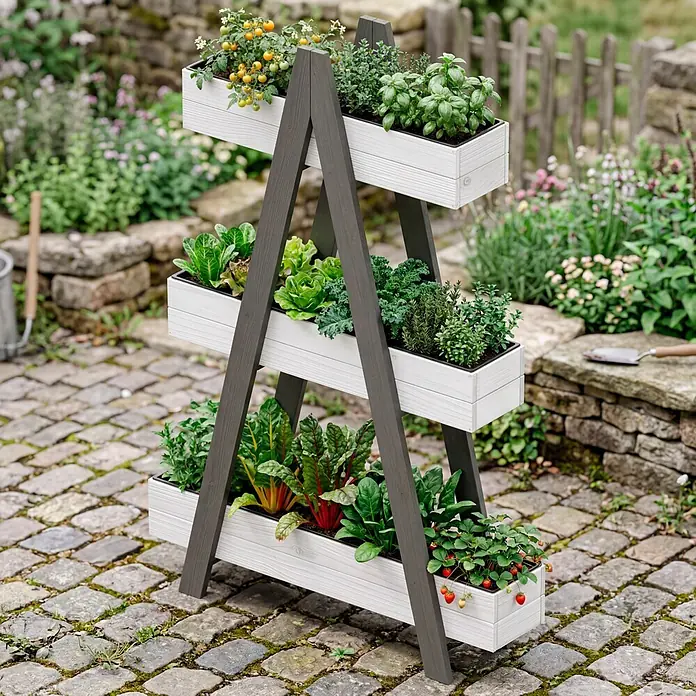 Westmann Hochbeet Ella - L x B x H: 101 x 25 x 147 cm, Holz, Grau/Weiß - Gestuftes Holz-Pflanzregal mit dunkelgrauem Rahmen und weißen Kästen, gefüllt mit Kräutern, Gemüse und Erdbeeren auf einem Gartenweg.