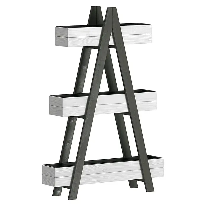 Westmann Hochbeet Ella - L x B x H: 101 x 25 x 147 cm, Holz, Grau/Weiß - Gestuftes Pflanzenregal aus Holz mit dunkelgrauem Rahmen und drei hellen Holzkästen, ideal für Kräuter oder Blumen.
