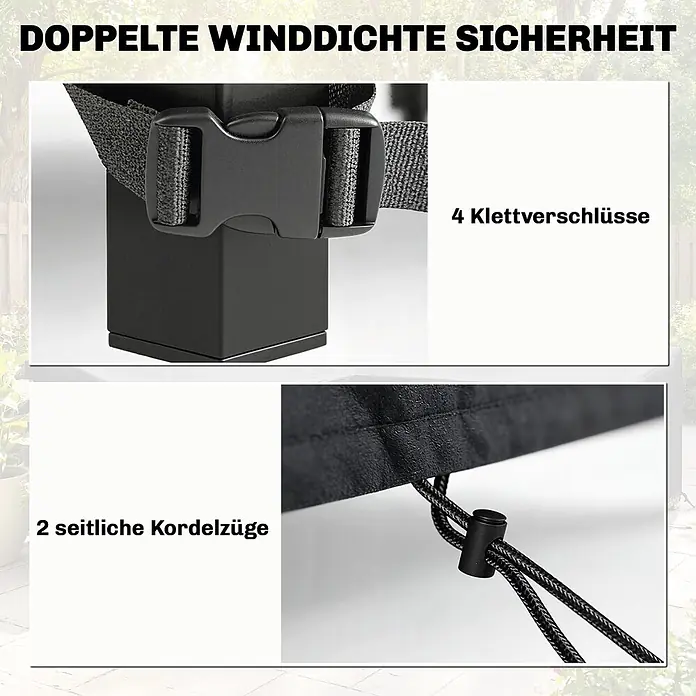 Outsunny Loungemöbel Schutzhülle - Oxford-Stoff, Schwarz - Schwarze Gurte mit Schnallen und ein Kordelzug mit Stopper für doppelten Windschutz.